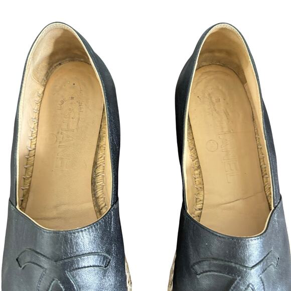Chanel Interlocking CC Cap Toe Espadrille Shoes Black Leather Flats Size EU 38 - Picture 4 of 16
